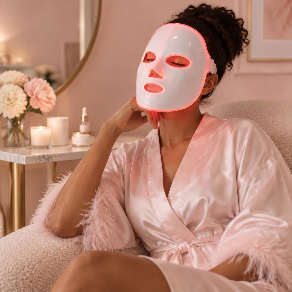 Woman relaxing at home with the GlowPro LED facial mask