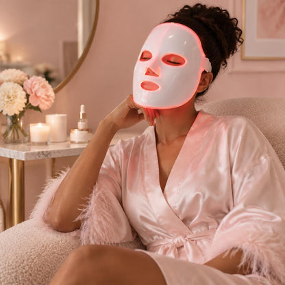 Woman relaxing at home with the GlowPro LED facial mask